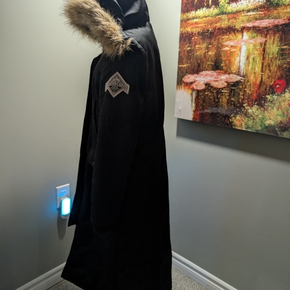 Beaver Canoe Roots Long Coat Women's L Hooded Quilted Lining Pockets Black - Picture 4 of 14